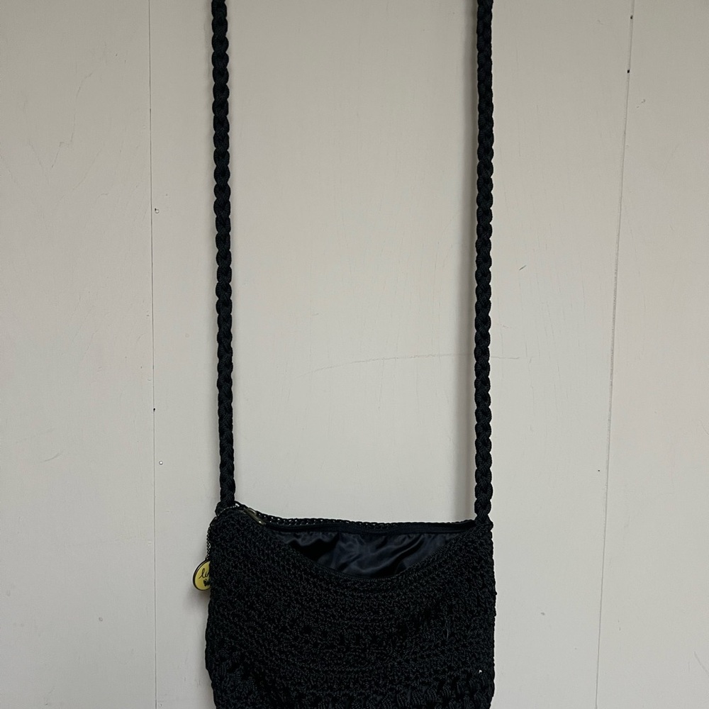 Lina Black Crochet Crossbody with Braided Strap